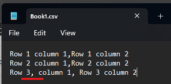 Mis-aligned CSV data showing in Notepad.