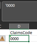Four zeros, prefixed with an apostrophe, in Excel